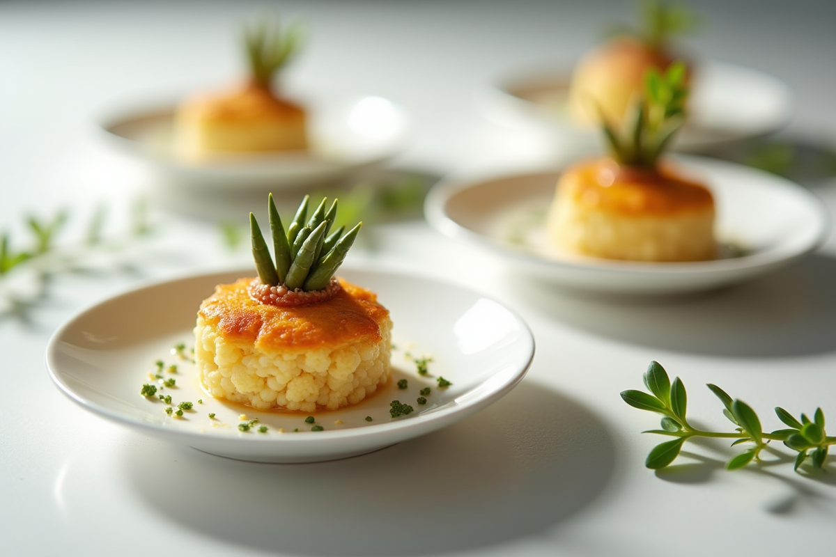 Portions individuelles de garnitures créatives pour chapon sur assiettes modernes