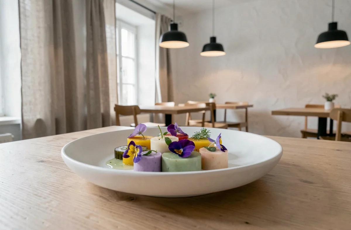 Assiette végétale contemporaine du restaurant Alchémille à Kaysersberg, présentation nordique avec fleurs comestibles et légumes marinés