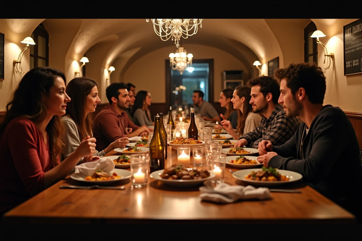 Vue grand angle d'un dîner entre amis autour d'une grande table dans un restaurant voûté typique de Toulouse avec cassoulet