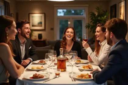 Groupe d'amis riant après un repas avec crème irlandaise