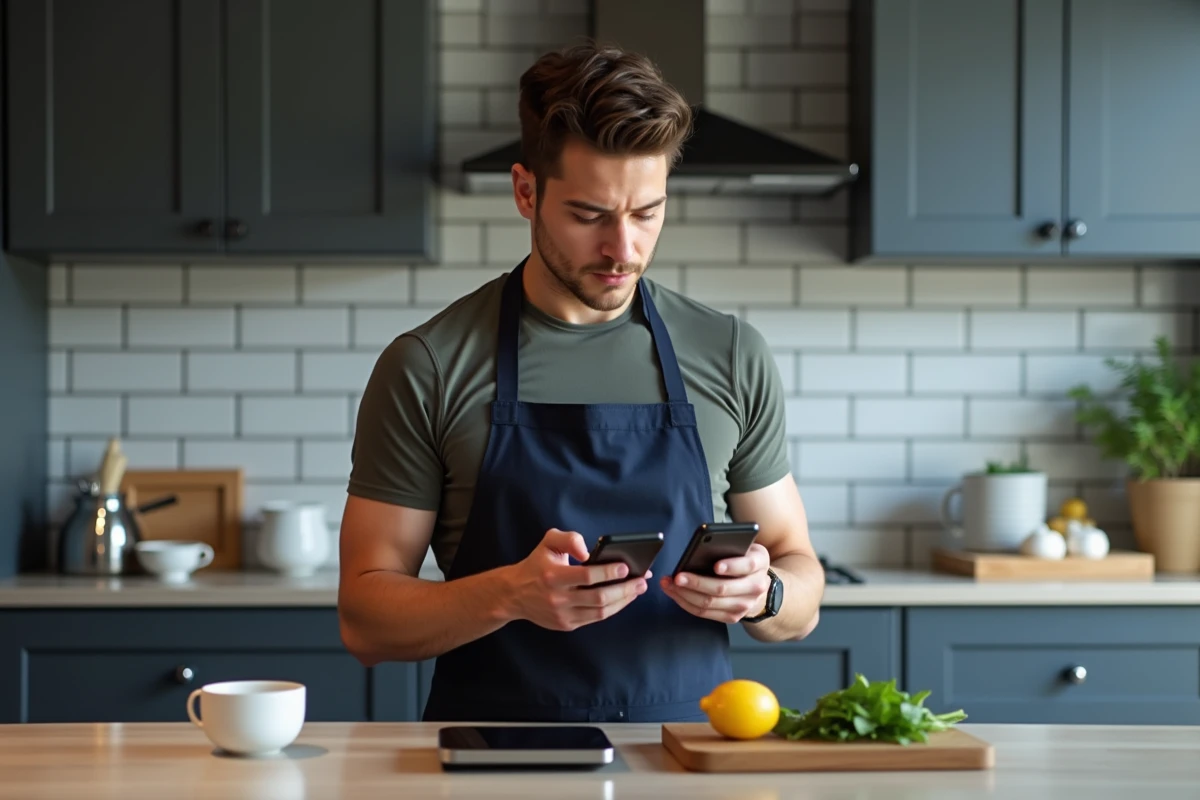 Homme consultant une application de conversion grammes et tasses sur smartphone pour adapter une recette étrangère en cuisine moderne