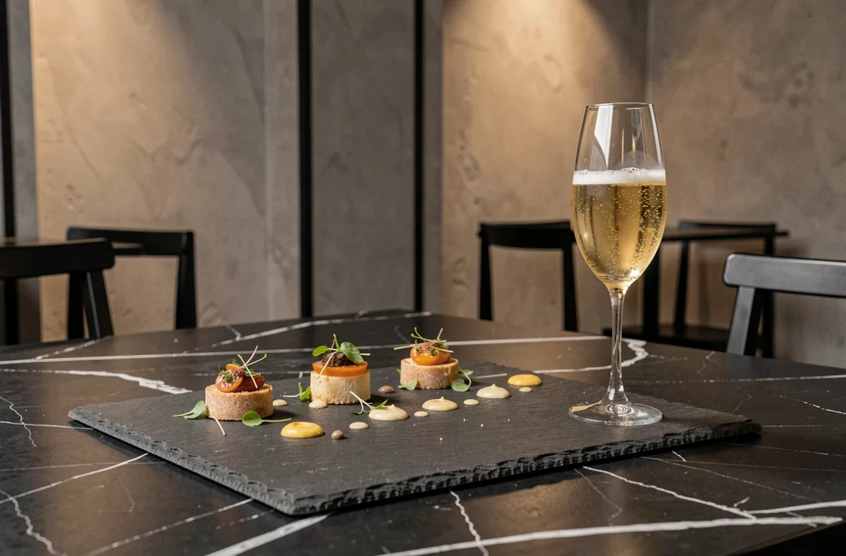 Mise en place créative au restaurant Arbane à Reims, amuse-bouches sur ardoise avec verre de champagne sur table en marbre noir
