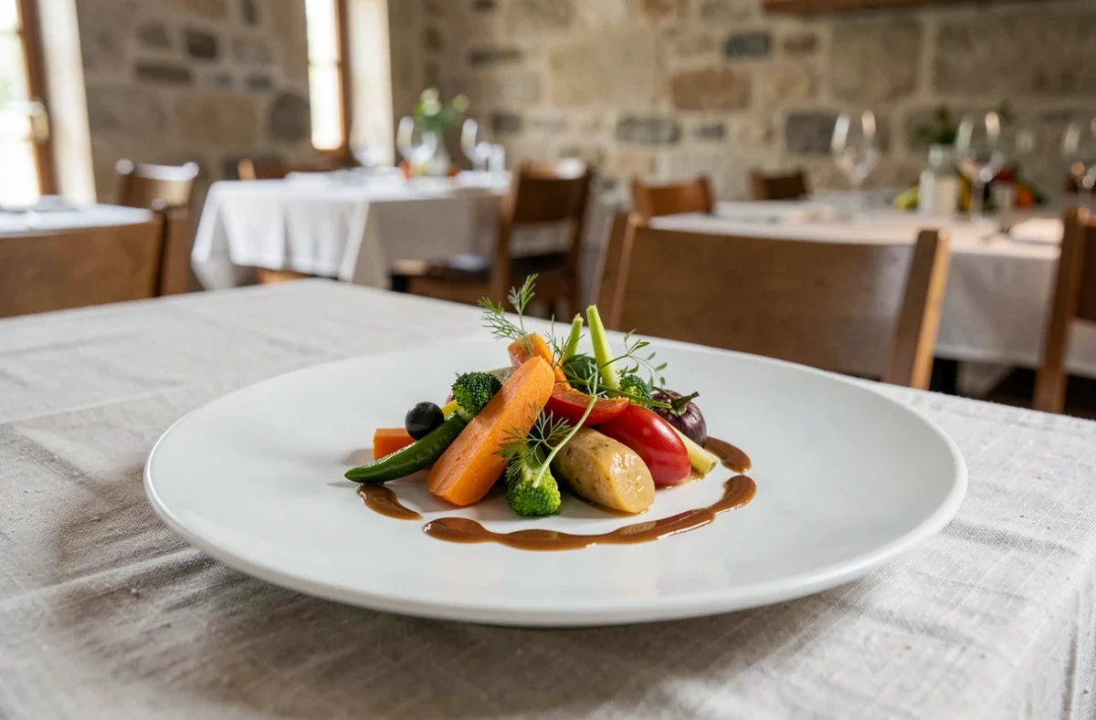 Assiette gastronomique créative du restaurant Arbore et Sens à Loches, dressage raffiné sur porcelaine blanche