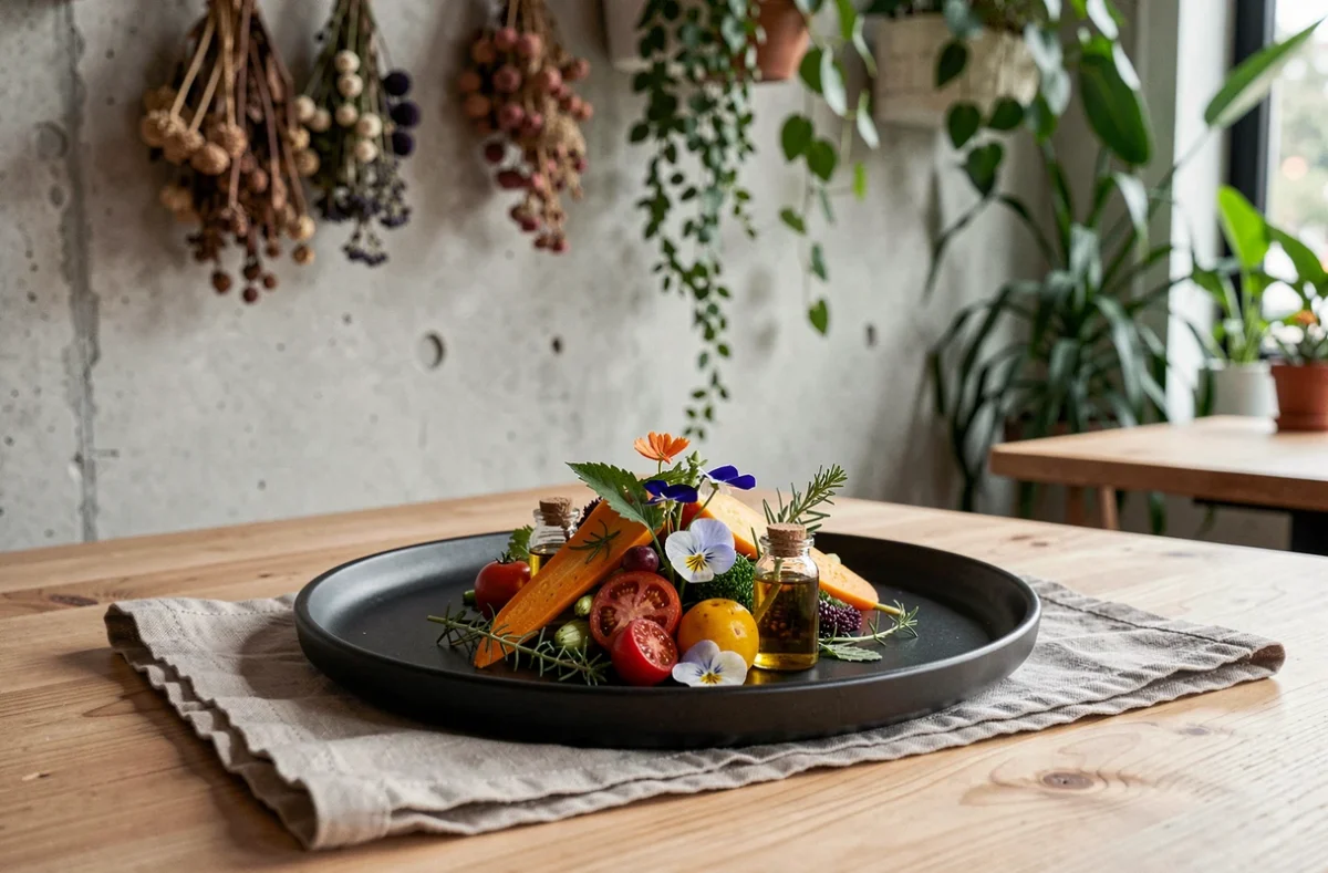 Assiette végétale créative de L'Arborescence à Lille avec légumes de saison et fleurs comestibles sur céramique noire