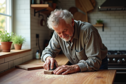 Homme d'âge moyen travaillant le bois dans une cuisine lumineuse