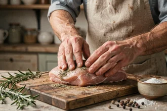 Cuisinier assaisonnant un filet mignon de porc cru avec des herbes et épices sur une planche en bois rustique