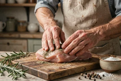 Cuisinier assaisonnant un filet mignon de porc cru avec des herbes et épices sur une planche en bois rustique