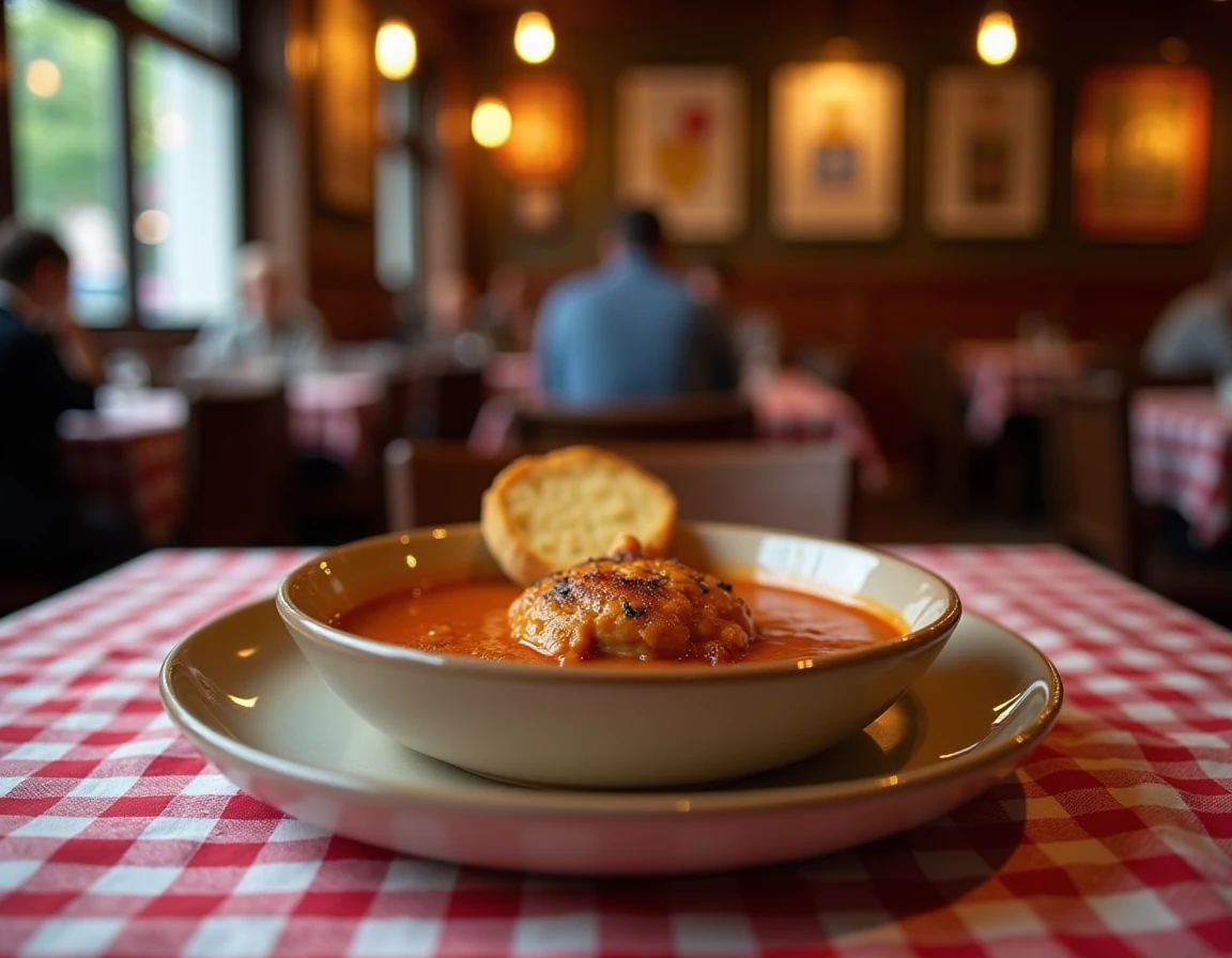 Assiette généreuse de carbonnade flamande servie dans un bol en céramique avec des pommes de terre vapeur et une tranche de pain d'épices dans un estaminet du Nord de la France