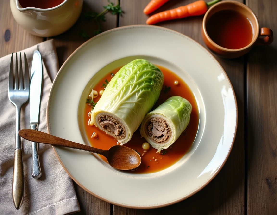 Assiette de chou farci aubrac tranché révélant la farce à la viande avec jus de cuisson et légumes de garniture