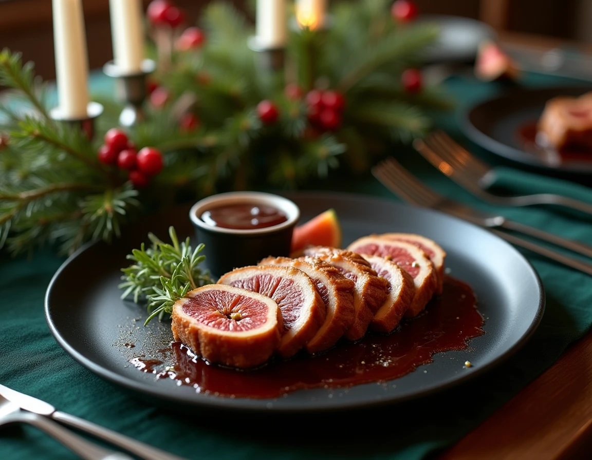 Assiette de magret de canard nappé de sauce porto et miel dressée pour un dîner de Noël festif