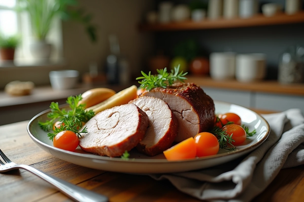 Assiette de porc tendre avec légumes et herbes fraîches