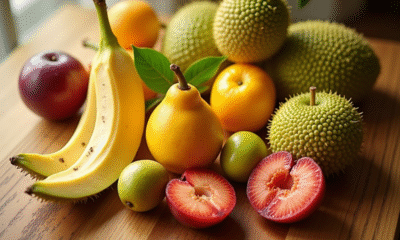 Assortiment de fruits frais avec jackfruit et jujubes sur plan de travail