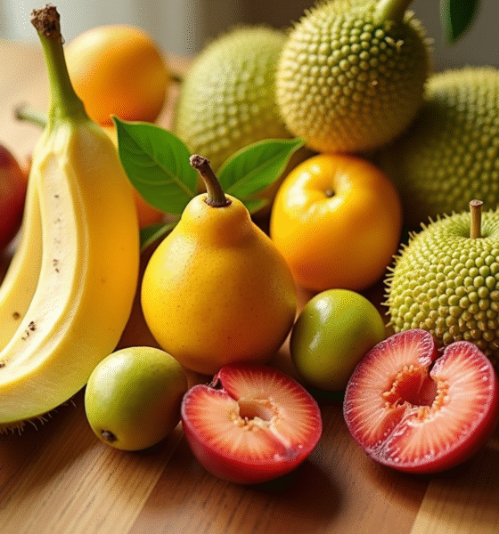 Assortiment de fruits frais avec jackfruit et jujubes sur plan de travail