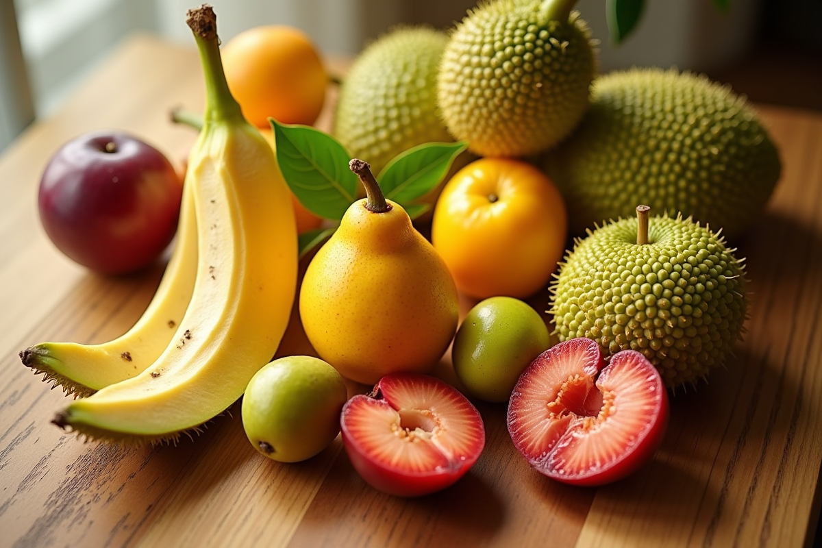 Assortiment de fruits frais avec jackfruit et jujubes sur plan de travail