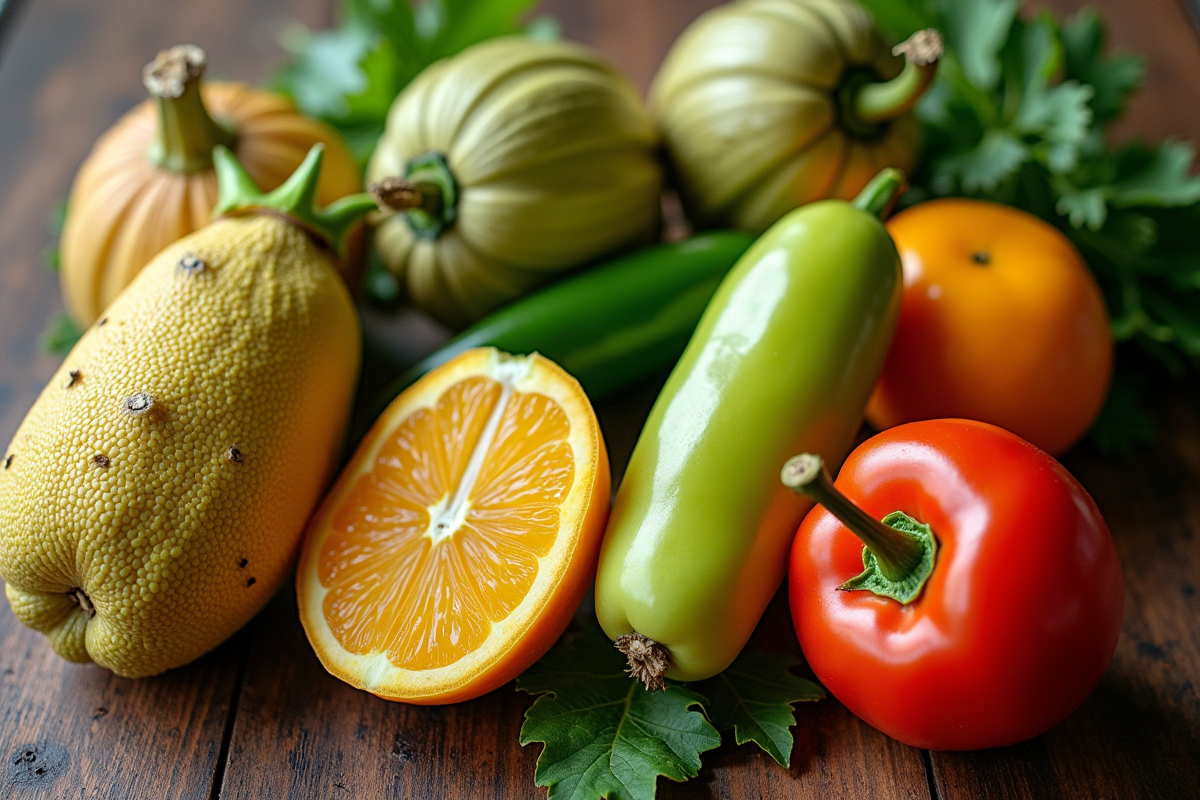 Assortiment de fruits et légumes commençant par J sur une table