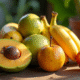 Assortiment de fruits rares V sur une table en bois