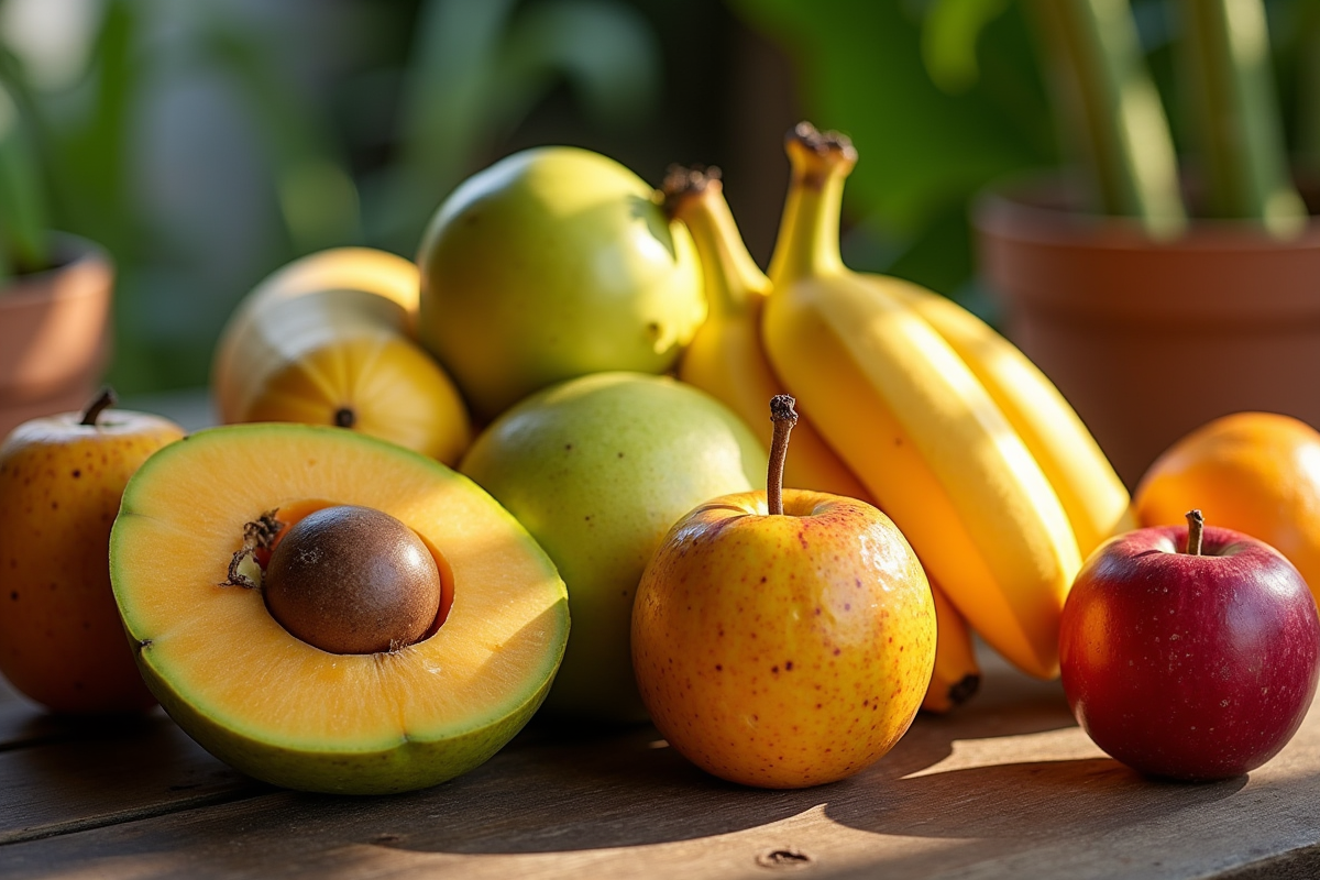 Assortiment de fruits rares V sur une table en bois