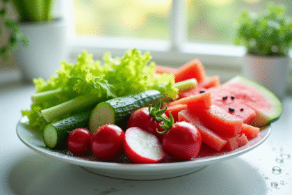 Assortiment coloré de légumes et fruits riches en eau sur une assiette blanche