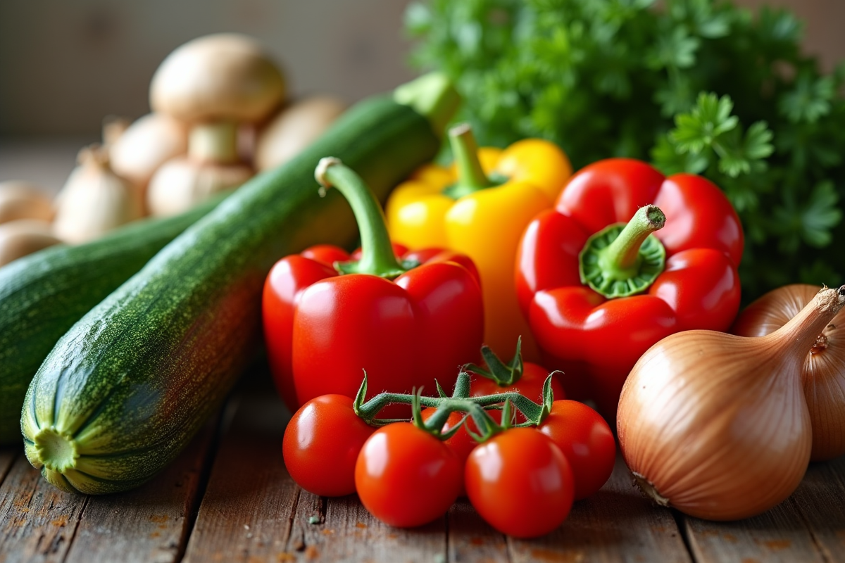 Assortiment de légumes frais et colorés sur une table en bois