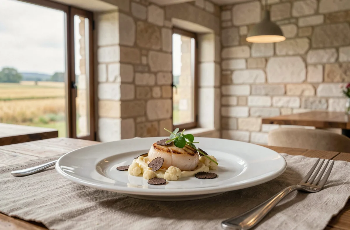 Saint-Jacques snacké avec truffe noire et crème de chou-fleur à L'Aube des Sens près de Créney-près-Troyes, cadre contemporain en pierre de Champagne
