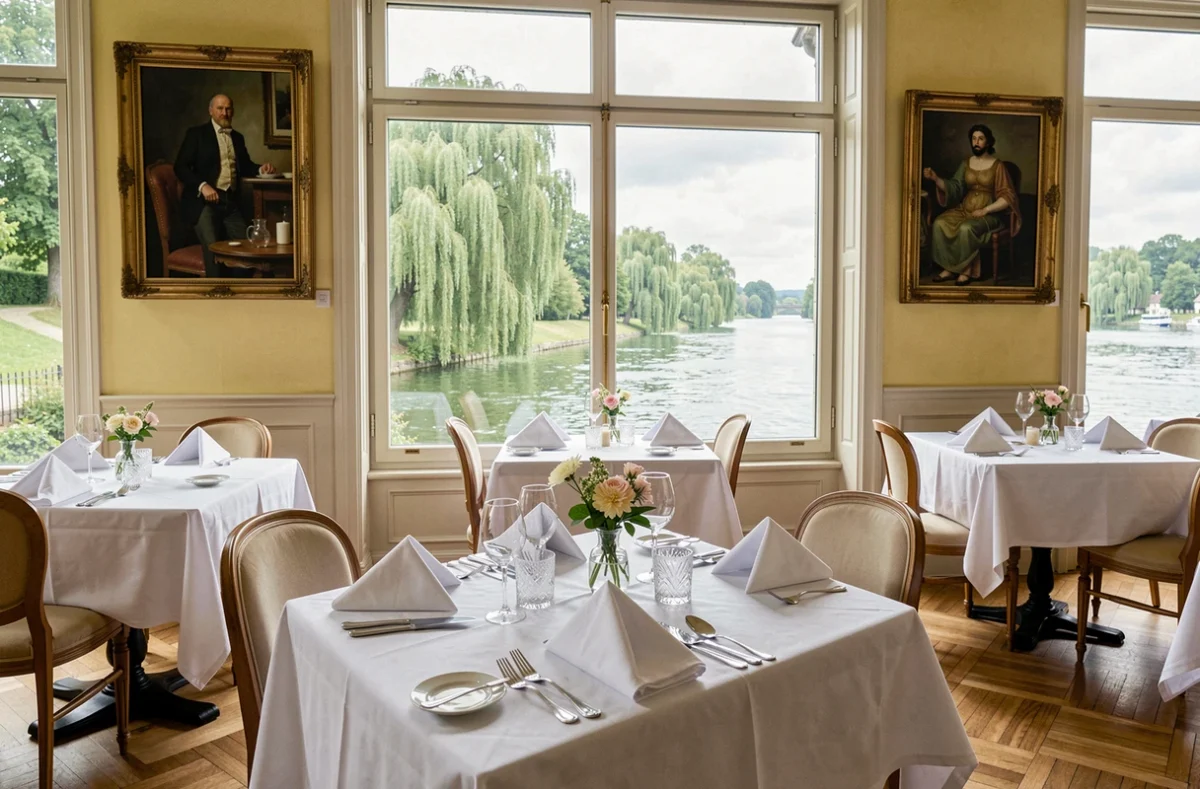 Salle de restaurant classique de L'Auberge de l'Ill à Illhaeusern, tables dressées face aux fenêtres donnant sur la rivière Ill