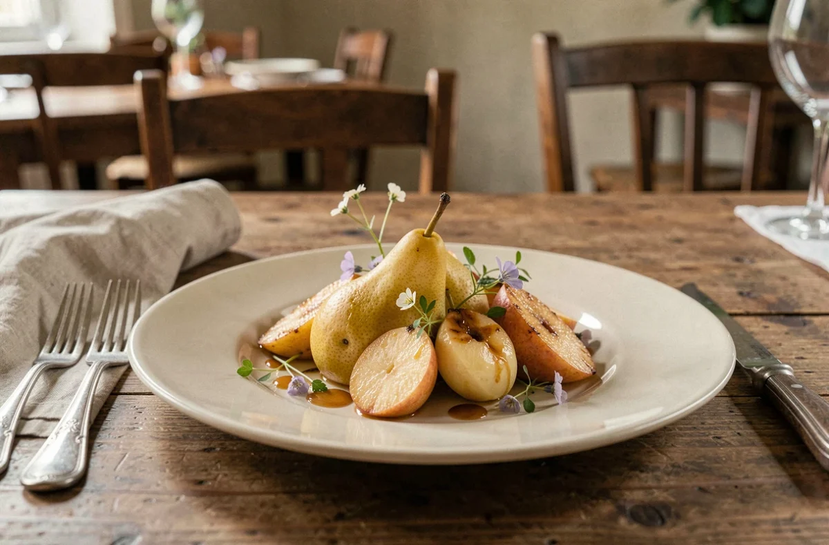 Plat gastronomique à base de pomme et poire du restaurant Auberge Pom'Poire à Azay-le-Rideau, dressage artisanal sur céramique ivoire