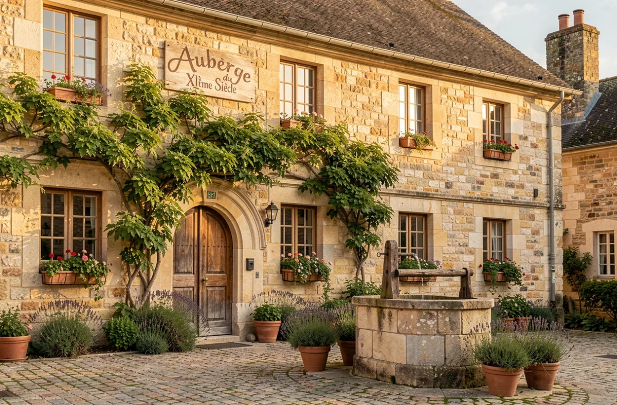 Façade médiévale en pierre de l'Auberge du XIIème Siècle à Saché, cour pavée et végétation grimpante