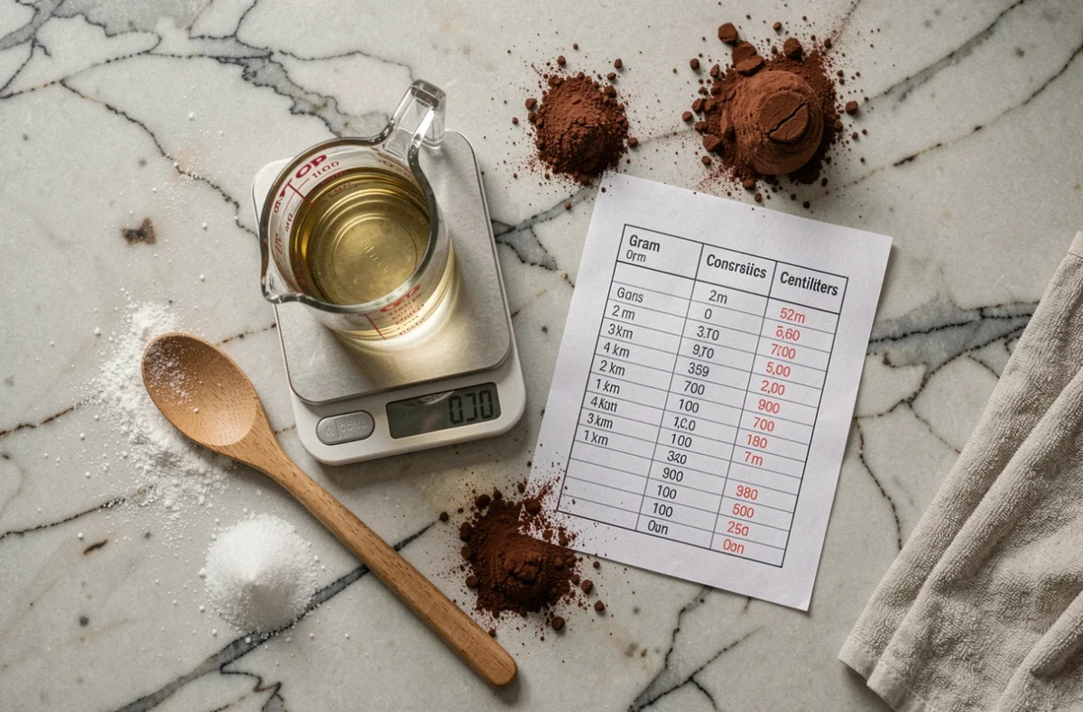 Vue aérienne d'une balance numérique, d'un verre doseur et d'un tableau de conversion grammes en centilitres sur un plan de travail en marbre