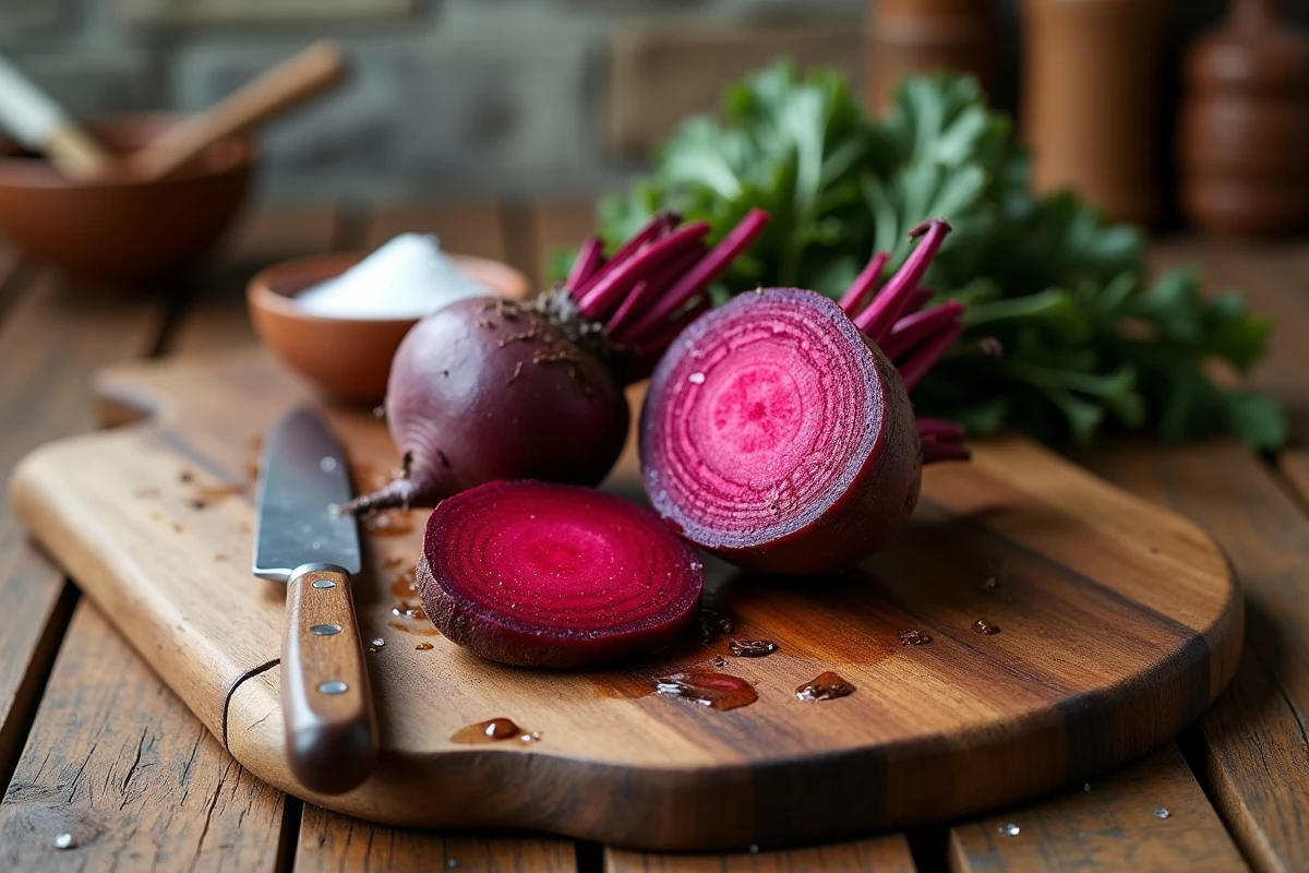 Betteraves rouges cuites entières et tranchées sur une planche en bois rustique avec un couteau de cuisine et du sel