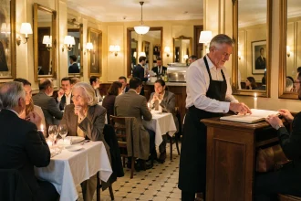 Intérieur animé d'un bistrot parisien le soir avec réservation à l'entrée et salle comble