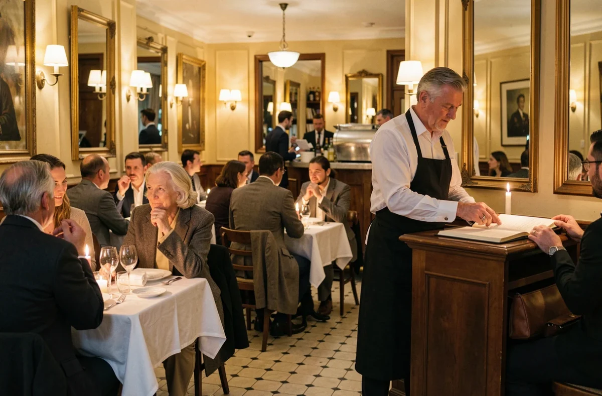 Intérieur animé d'un bistrot parisien le soir avec réservation à l'entrée et salle comble