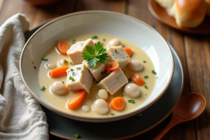 Blanquette de veau maison servie dans un bol blanc en céramique avec sauce crémeuse, carottes et persil frais