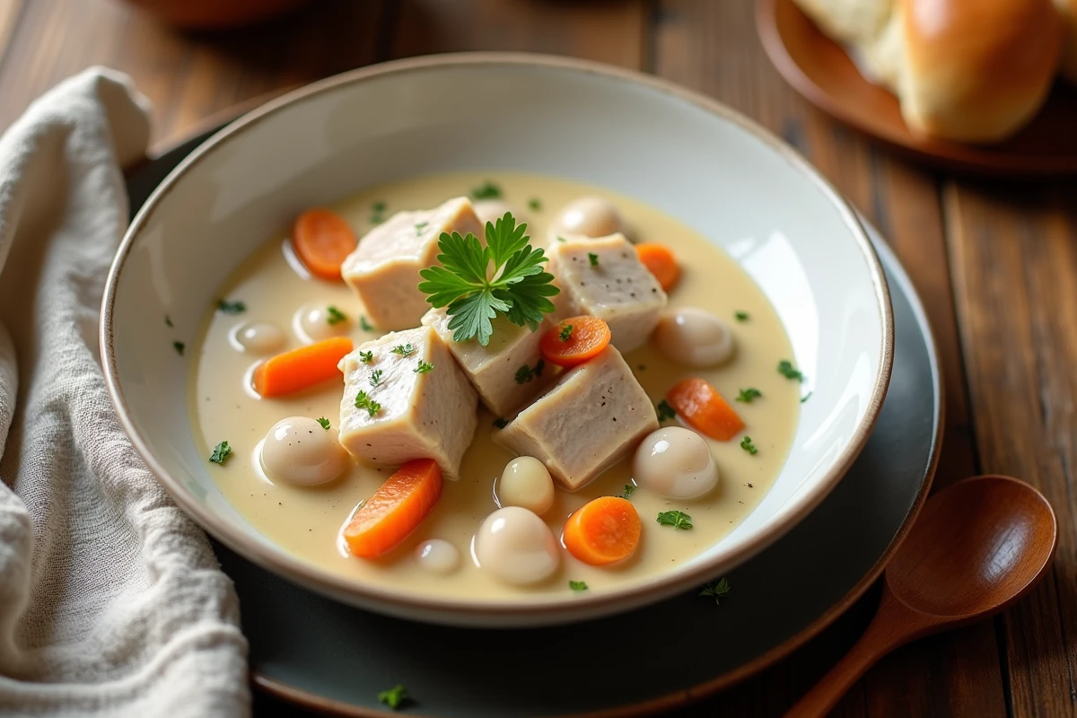 Blanquette de veau maison servie dans un bol blanc en céramique avec sauce crémeuse, carottes et persil frais