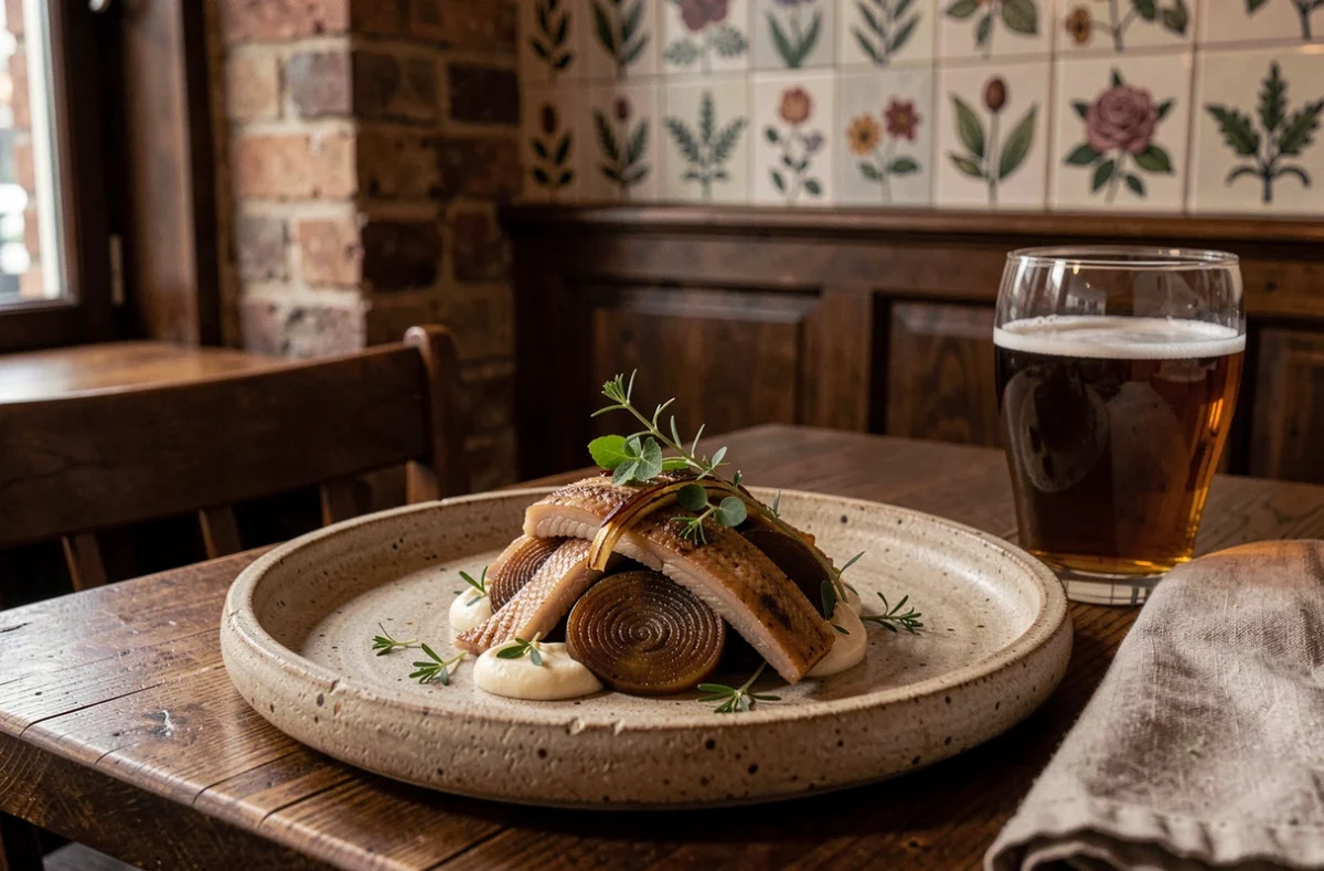 Assiette de cuisine flamande contemporaine chez Bloempot à Lille avec chicorée braisée et anguille fumée sur grès artisanal