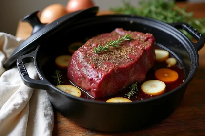 Viande de bœuf braisée dans une cocotte en fonte avec oignons, ail et thym pour une cuisson à feu doux