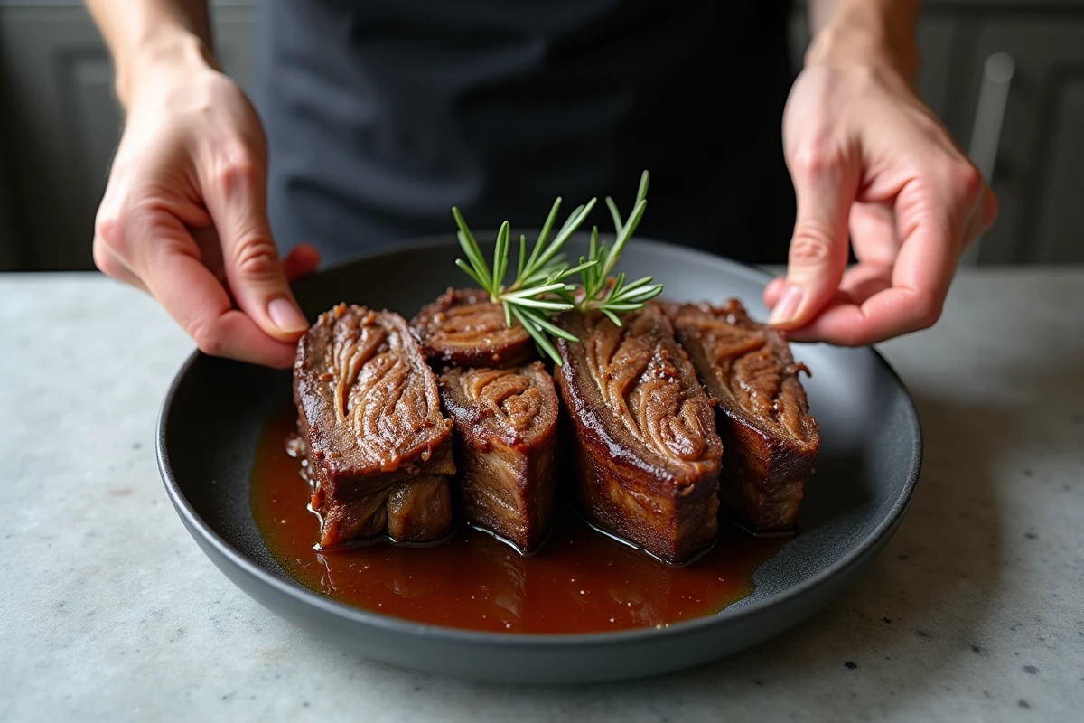 Tranches de bœuf braisé effilochées à la main révélant une viande fondante et tendre après cuisson lente