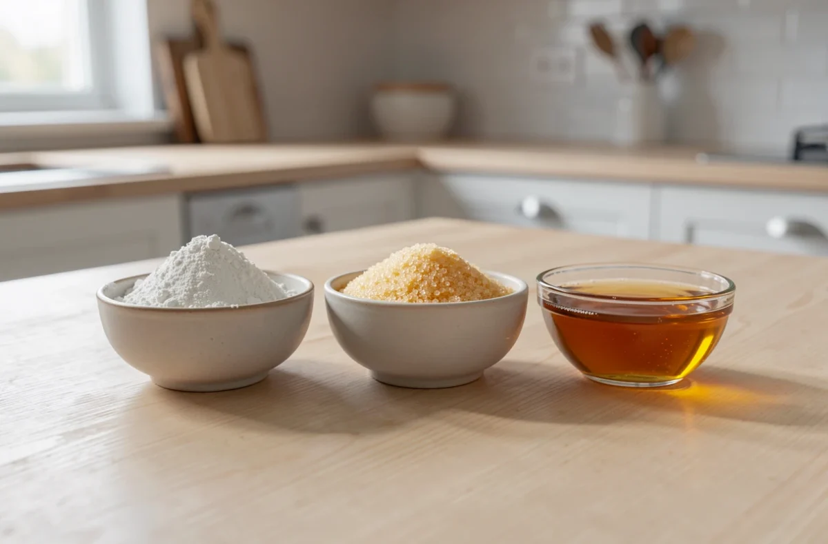 Bols de farine, de sucre et de miel posés côte à côte sur une table