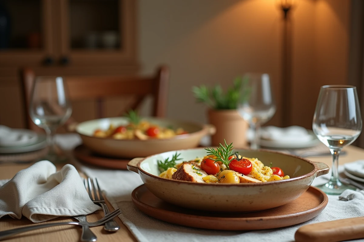 Deux bols en céramique de gnocchi poêlés au poulet et tomates cerises sur une table familiale dressée pour le dîner