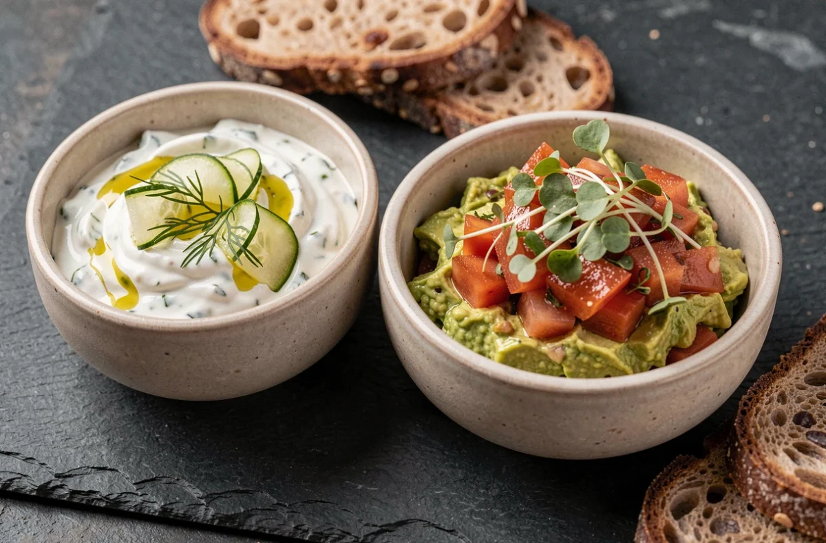 Gros plan sur deux bols de recettes fraîches sans cuisson : tzatziki au concombre et tartare d'avocat aux tomates pour un dîner d'été