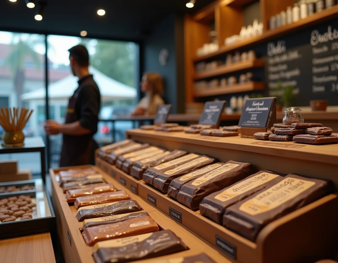 Vitrine de boutique gastronomique présentant des chocolats Dubaï avec étiquettes de prix et tableau des calories