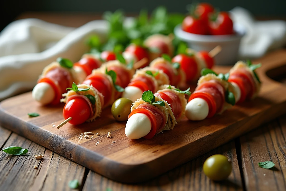 Plateau de brochettes apéro colorées sur une planche en bois rustique avec tomates cerises, mozzarella et charcuterie