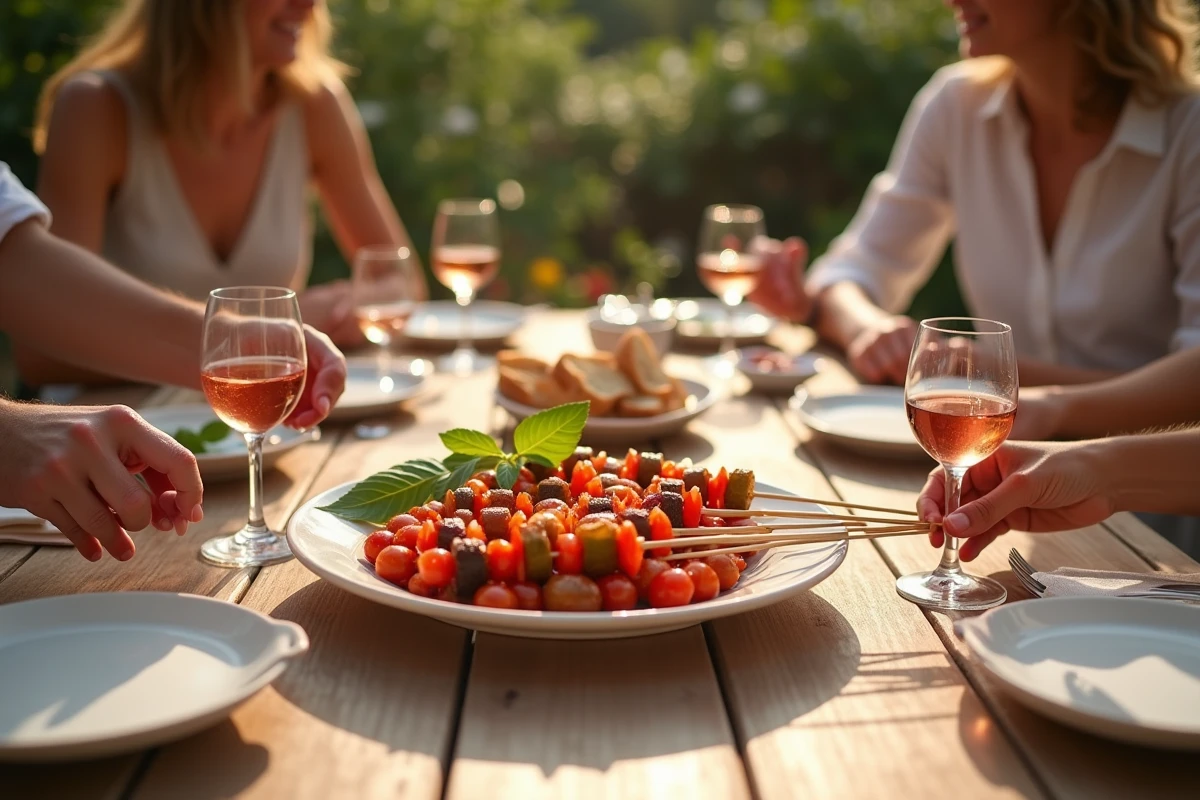 Table de repas de famille en terrasse avec un grand plat de brochettes apéro faites la veille et verres de rosé