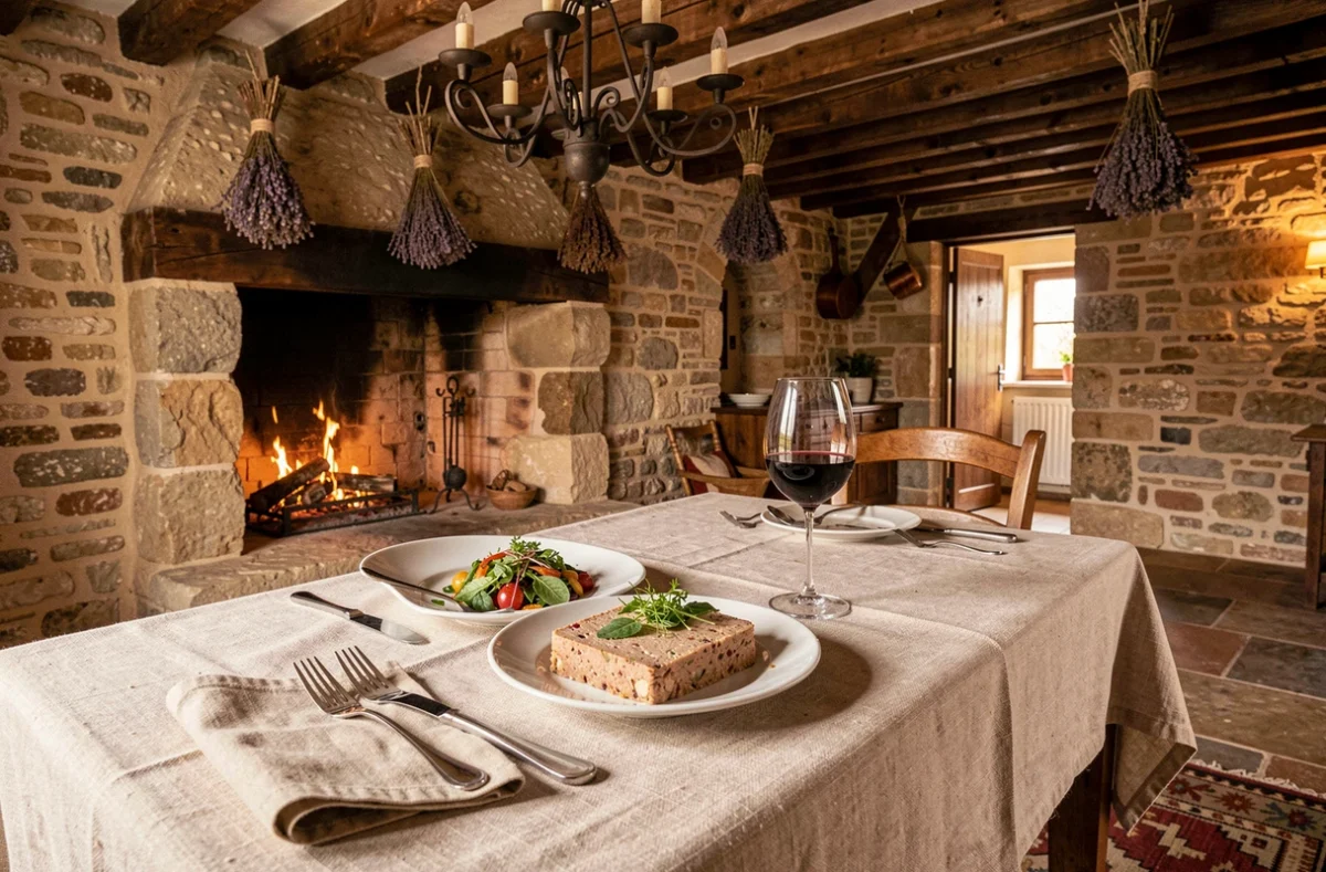 Table rustique et raffinée au restaurant Bulle d'Osier à Langres, terrine régionale et verre de vin rouge devant une cheminée en pierre