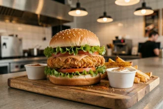 Burger poulet croustillant servi sur un plateau en bois dans un restaurant fast-casual, style Pepe Chicken by Fastgood Cuisine