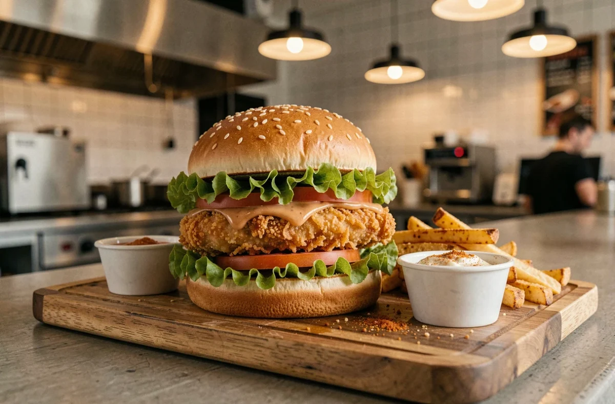 Burger poulet croustillant servi sur un plateau en bois dans un restaurant fast-casual, style Pepe Chicken by Fastgood Cuisine