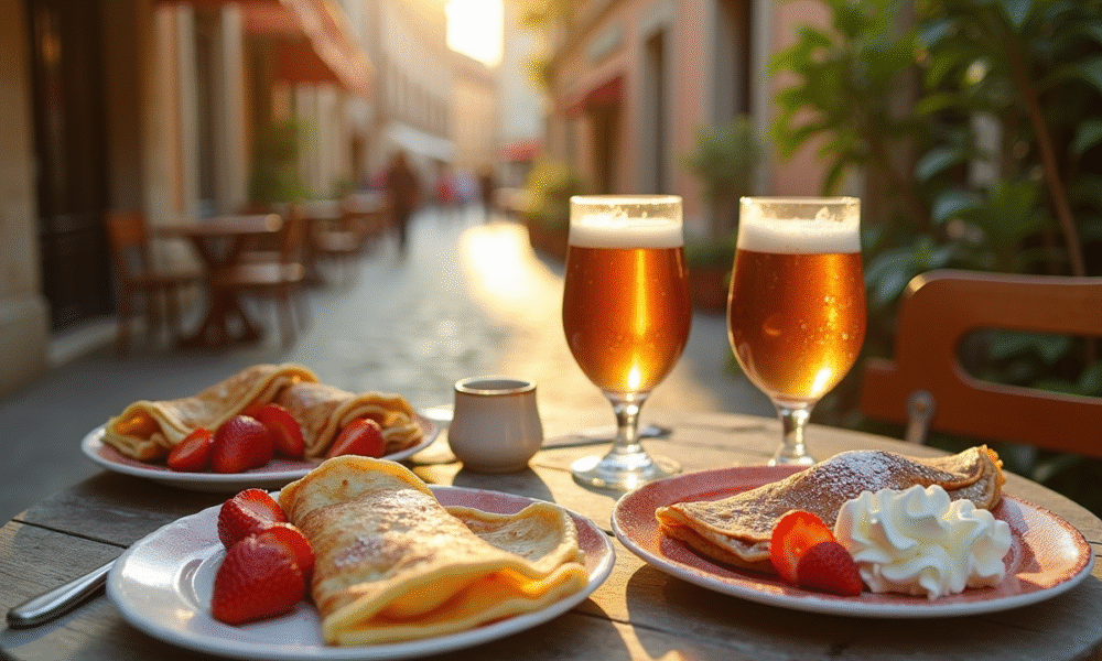 Table de café en plein air à Aix avec crêpes et fraises