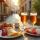 Table de café en plein air à Aix avec crêpes et fraises
