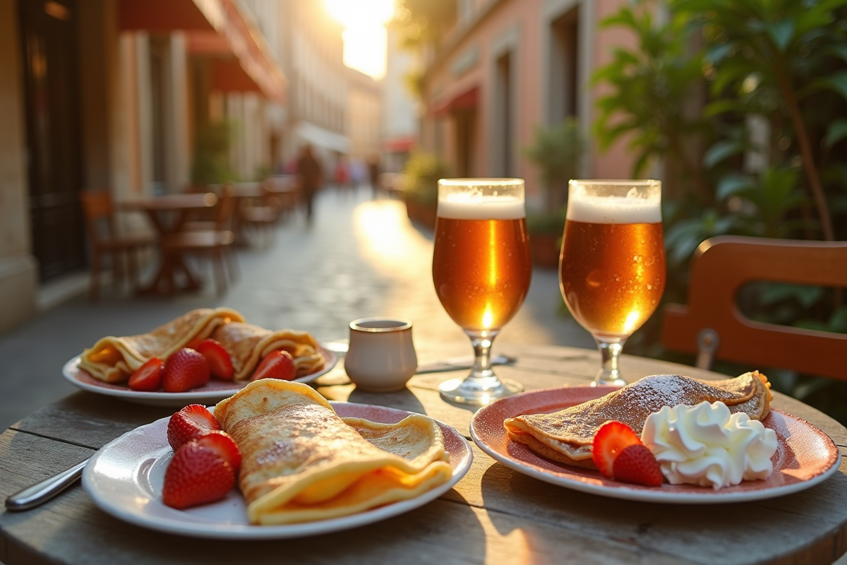 Table de café en plein air à Aix avec crêpes et fraises