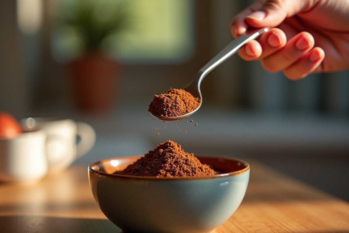 Main tenant une cuillère de café moulu au matin dans la cuisine