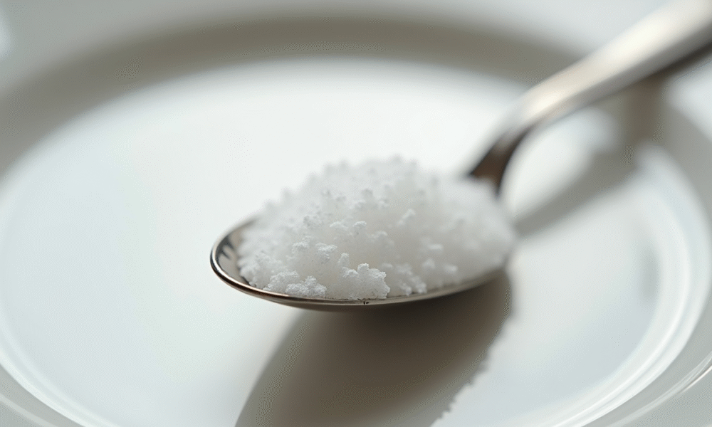 Cuillère en métal brillant avec sucre blanc fin en gros plan